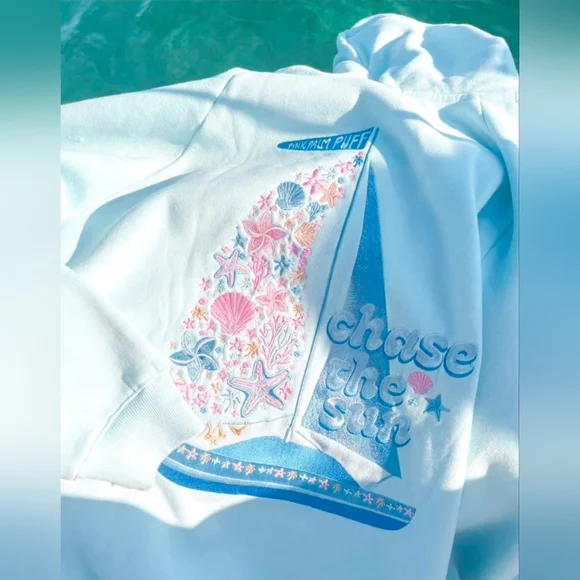 πβ΅οΈNew Pink Palm puff Chase the Sun Relaxed Hoodie in Sky Blue M - Picture 1 of 13